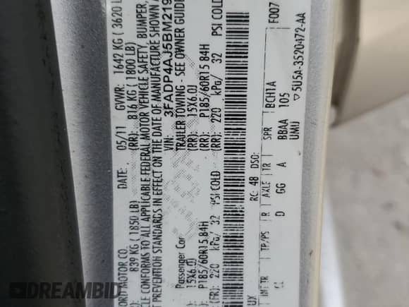 2011 Ford Fiesta S with VIN 3FADP4AJ5BM219201, listed as a Copart auction lot 81663915 with 169,625 mi miles and Salvage title. Bid and sale history available at DreamBid. Image 12.