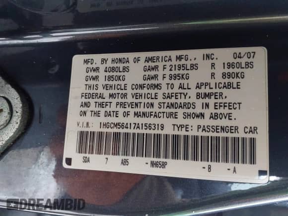 2007 Honda Accord LX with VIN 1HGCM56417A156319, listed as a IAAI auction lot 41258100 with 163,333 mi miles and . Bid and sale history available at DreamBid. Image 9.