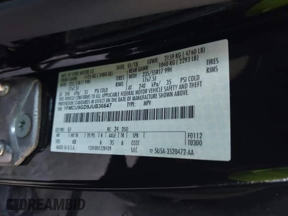 2018 Ford Escape SE с VIN 1FMCU9GD9JUB36647, выставлен на аукционе IAAI как лот 42751751 с пробегом 153 340 миль миль и . История ставок и продаж доступна на DreamBid. Изображение 9.