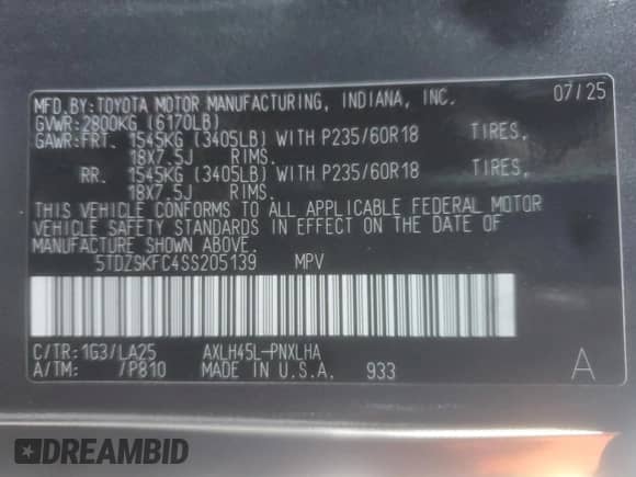 2025 Toyota Sienna Limited с VIN 5TDZSKFC4SS205139, выставлен на аукционе Copart как лот 81663155 с пробегом Не указан миль и Списание • Salvage title. История ставок и продаж доступна на DreamBid. Изображение 14.