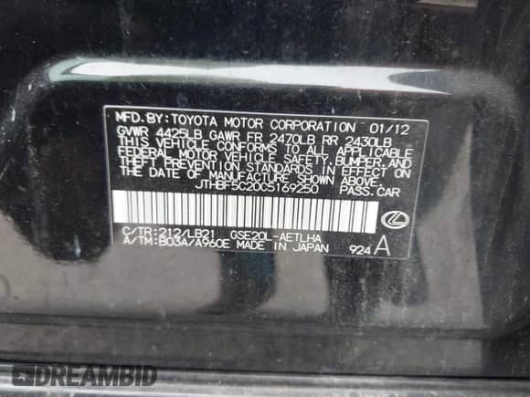 2012 Lexus IS 250 z VIN JTHBF5C20C5169250, wystawiony jako IAAI lot #43067980 z przebiegiem 152 900 mil mil oraz . Historia ofert i sprzedaży dostępna na DreamBid. Obrazek 9.