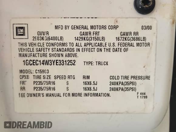 2000 Chevrolet Silverado 1500 с VIN 1GCEC14W3YE331252, выставлен на аукционе Copart как лот 66261715 с пробегом 128 454 миль миль и Списание • Salvage title. История ставок и продаж доступна на DreamBid. Изображение 12.