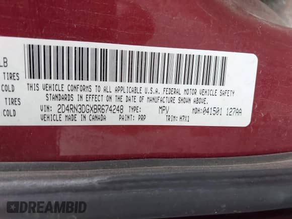 2011 Dodge Grand Caravan Mainstreet with VIN 2D4RN3DGXBR674248, listed as a IAAI auction lot 43385068 with 61,861 mi miles and . Bid and sale history available at DreamBid. Image 9.
