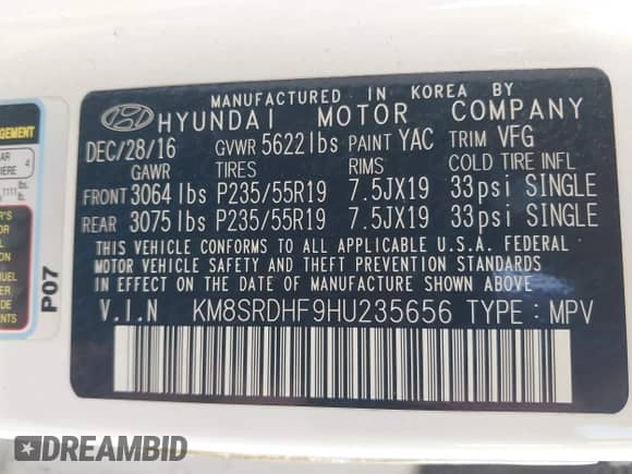 2017 Hyundai Santa Fe Limited Ultimate z VIN KM8SRDHF9HU235656, wystawiony jako IAAI lot #42899610 z przebiegiem 155 000 mil mil oraz . Historia ofert i sprzedaży dostępna na DreamBid. Obrazek 9.