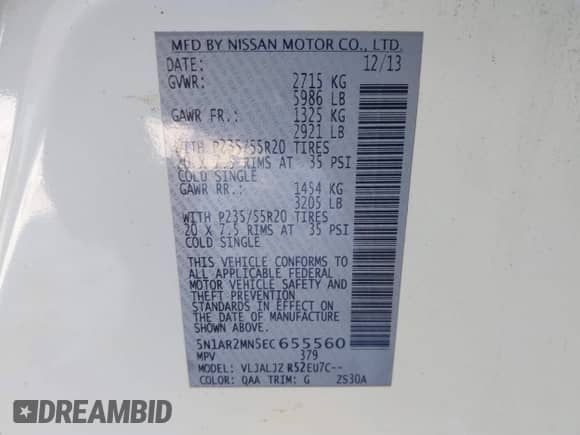 2014 Nissan Pathfinder SV z VIN 5N1AR2MN5EC655560, wystawiony jako IAAI lot #41170237 z przebiegiem 101 665 mil mil oraz . Historia ofert i sprzedaży dostępna na DreamBid. Obrazek 9.