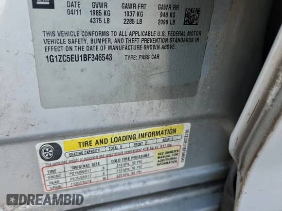 2011 Chevrolet Malibu 1LT с VIN 1G1ZC5EU1BF346543, выставлен на аукционе Copart как лот 84406455 с пробегом 260 131 миль миль и Чистый • Clean title. История ставок и продаж доступна на DreamBid. Изображение 12.