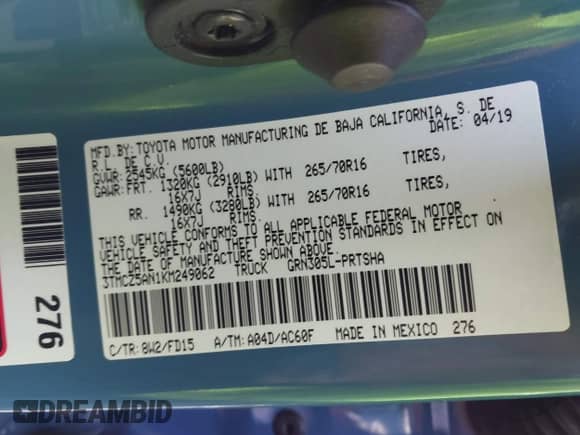 2019 Toyota Tacoma SR z VIN 3TMCZ5AN1KM249062, wystawiony jako IAAI lot #43236818 z przebiegiem 60 599 mil mil oraz . Historia ofert i sprzedaży dostępna na DreamBid. Obrazek 9.