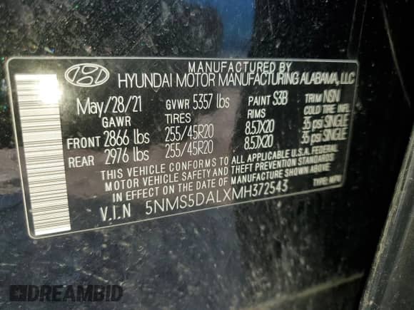2021 Hyundai Santa Fe Calligraphy with VIN 5NMS5DALXMH372543, listed as a Copart auction lot 50348125 with 99,844 mi miles and Salvage title. Bid and sale history available at DreamBid. Image 13.