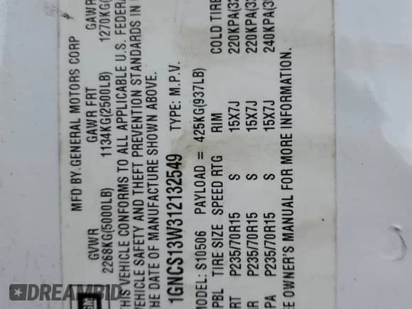 2001 Chevrolet Blazer LT with VIN 1GNCS13W312132549, listed as a Copart auction lot 90613665 with 207,148 mi miles and Salvage title. Bid and sale history available at DreamBid. Image 14.