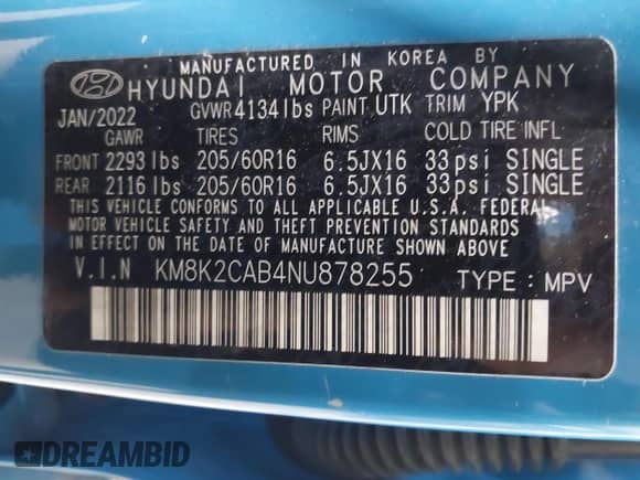 2022 Hyundai Kona SE с VIN KM8K2CAB4NU878255, выставлен на аукционе IAAI как лот 41630995 с пробегом 36 856 миль миль и . История ставок и продаж доступна на DreamBid. Изображение 9.
