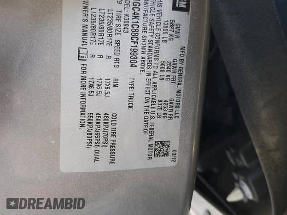2012 Chevrolet Silverado 3500HD LTZ с VIN 1GC4K1C88CF199304, выставлен на аукционе Copart как лот 66035975 с пробегом Не указан миль и На запчасти • Non repairable. История ставок и продаж доступна на DreamBid. Изображение 12.