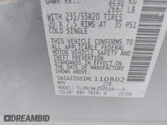 2021 Nissan Murano Platinum with VIN 5N1AZ2DS1MC110802, listed as a IAAI auction lot 42439966 with 144,838 mi miles and . Bid and sale history available at DreamBid. Image 9.