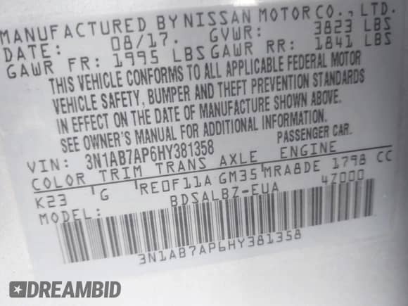 2017 Nissan Sentra S с VIN 3N1AB7AP6HY381358, выставлен на аукционе IAAI как лот 43395183 с пробегом 36 479 миль миль и . История ставок и продаж доступна на DreamBid. Изображение 9.