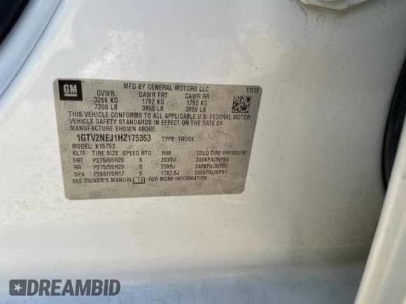 2017 GMC Sierra 1500 SLT z VIN 1GTV2NEJ1HZ175363, wystawiony jako Copart lot #83465374 z przebiegiem 168 048 mil mil oraz Czysty tytuł • Clean title. Historia ofert i sprzedaży dostępna na DreamBid. Obrazek 10.