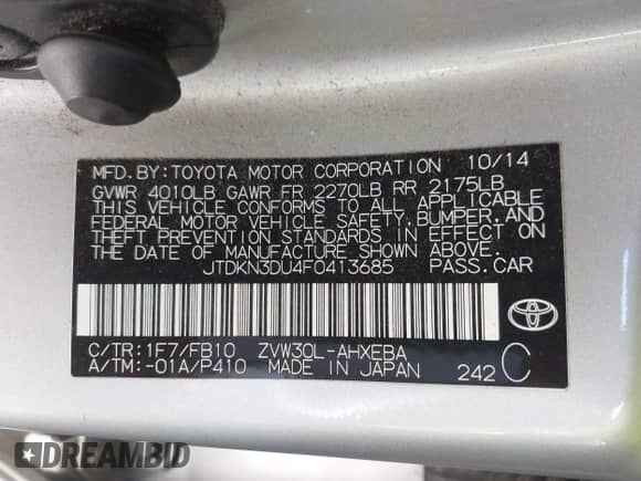 2015 Toyota Prius Four z VIN JTDKN3DU4F0413685, wystawiony jako IAAI lot #40218135 z przebiegiem 86 119 mil mil oraz . Historia ofert i sprzedaży dostępna na DreamBid. Obrazek 9.