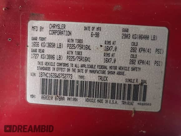 1998 Dodge 1500 with VIN 1B7HC16Z6WS752773, listed as a IAAI auction lot 43558515 with 153,417 mi miles and . Bid and sale history available at DreamBid. Image 9.