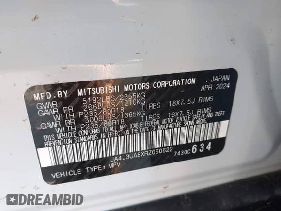 2024 Mitsubishi Outlander ES with VIN JA4J3UA8XRZ060622, listed as a IAAI auction lot 42236110 with 7,164 mi miles and . Bid and sale history available at DreamBid. Image 9.