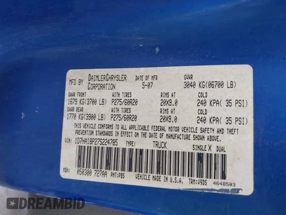 2007 Dodge 1500 ST с VIN 1D7HA18P27S224785, выставлен на аукционе IAAI как лот 43454715 с пробегом Не указан миль и . История ставок и продаж доступна на DreamBid. Изображение 9.