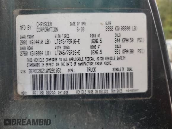 1998 Dodge 2500 с VIN 3B7KC26Z1WM291051, выставлен на аукционе Copart как лот 72761804 с пробегом 139 926 миль миль и Списание • Salvage title. История ставок и продаж доступна на DreamBid. Изображение 12.