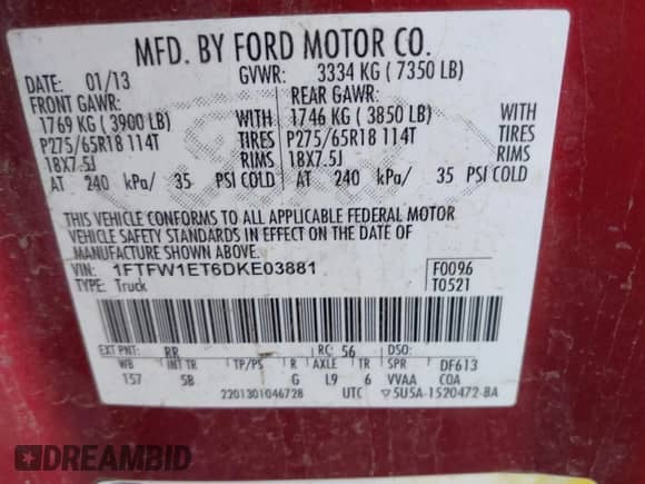 2013 Ford F-150 Lariat z VIN 1FTFW1ET6DKE03881, wystawiony jako IAAI lot #43537318 z przebiegiem 226 890 mil mil oraz . Historia ofert i sprzedaży dostępna na DreamBid. Obrazek 9.