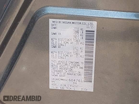 2016 Nissan Pathfinder Platinum with VIN 5N1AR2MMXGC604761, listed as a IAAI auction lot 42841624 with 109,387 mi miles and . Bid and sale history available at DreamBid. Image 9.