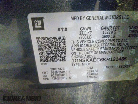 2019 Chevrolet Tahoe LS with VIN 1GNSKAEC6KR121486, listed as a IAAI auction lot 41064193 with 118,108 mi miles and . Bid and sale history available at DreamBid. Image 9.