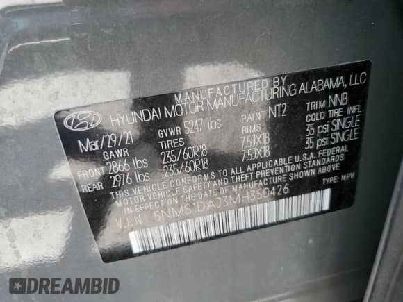 2021 Hyundai Santa Fe SE с VIN 5NMS1DAJ3MH350426, выставлен на аукционе Copart как лот 66404805 с пробегом 44 831 миль миль и Списание • Salvage title. История ставок и продаж доступна на DreamBid. Изображение 13.