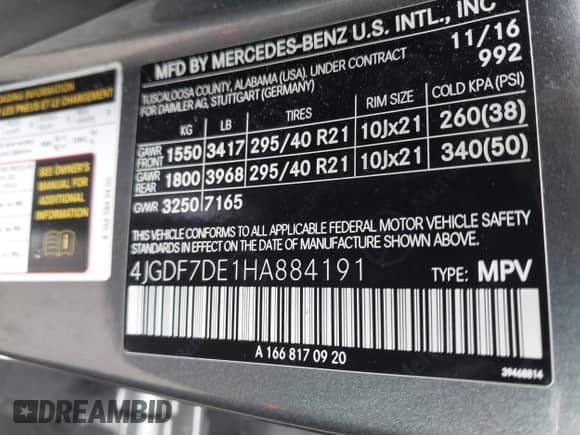 2017 Mercedes-Benz GLS 550 with VIN 4JGDF7DE1HA884191, listed as a IAAI auction lot 42513583 with 113,462 mi miles and . Bid and sale history available at DreamBid. Image 9.