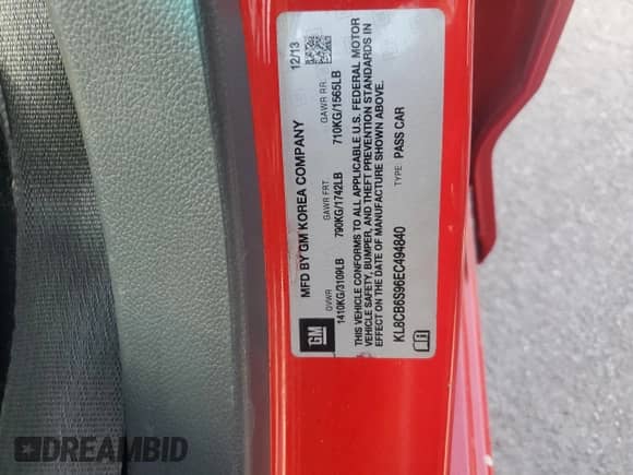 2014 Chevrolet Spark LS с VIN KL8CB6S96EC494840, выставлен на аукционе Copart как лот 71594605 с пробегом 148 030 миль миль и Списание • Salvage title. История ставок и продаж доступна на DreamBid. Изображение 12.