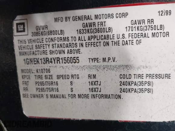 2000 Chevrolet Tahoe Z71 с VIN 1GNEK13R4YR156055, выставлен на аукционе IAAI как лот 42427554 с пробегом 208 512 миль миль и . История ставок и продаж доступна на DreamBid. Изображение 9.