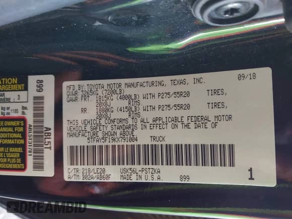2019 Toyota Tundra SR5 with VIN 5TFAY5F19KX791004, listed as a IAAI auction lot 41592650 with 77,645 mi miles and . Bid and sale history available at DreamBid. Image 9.