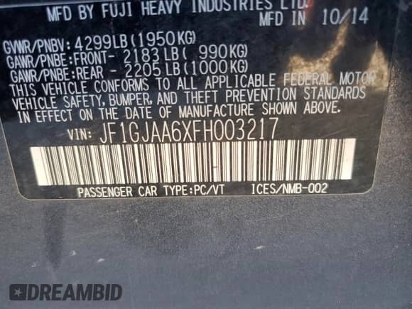 2015 Subaru Impreza z VIN JF1GJAA6XFH003217, wystawiony jako Copart lot #87069595 z przebiegiem 92 438 mil mil oraz Szkoda całkowita • Salvage title. Historia ofert i sprzedaży dostępna na DreamBid. Obrazek 12.