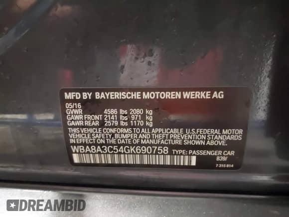 2016 BMW 3 Series 320i xDrive z VIN WBA8A3C54GK690758, wystawiony jako IAAI lot #42824903 z przebiegiem 162 948 mil mil oraz . Historia ofert i sprzedaży dostępna na DreamBid. Obrazek 9.