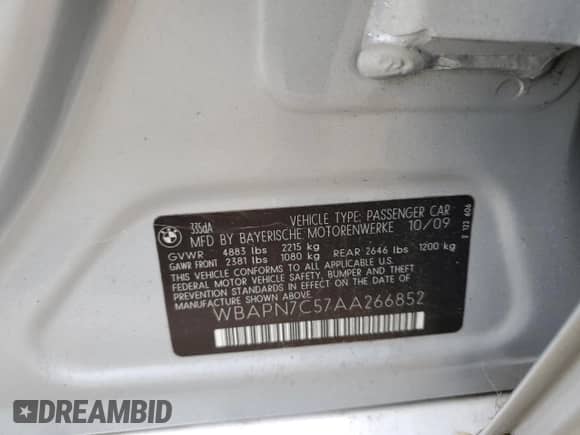 2010 BMW 3 Series 335d with VIN WBAPN7C57AA266852, listed as a Copart auction lot 43242965 with 95,078 mi miles and Clean title. Bid and sale history available at DreamBid. Image 12.