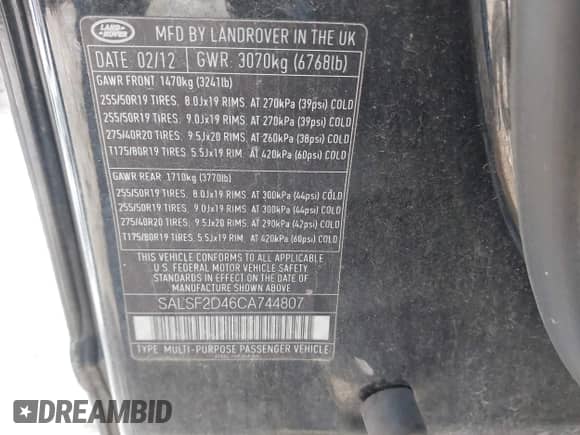 2012 Land Rover Range Rover Sport HSE с VIN SALSF2D46CA744807, выставлен на аукционе IAAI как лот 43058663 с пробегом 125 032 миль миль и . История ставок и продаж доступна на DreamBid. Изображение 9.