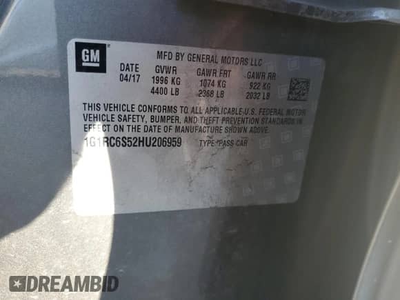 2017 Chevrolet Volt LT с VIN 1G1RC6S52HU206959, выставлен на аукционе Copart как лот 38201873 с пробегом Не указан миль и . История ставок и продаж доступна на DreamBid. Изображение 12.