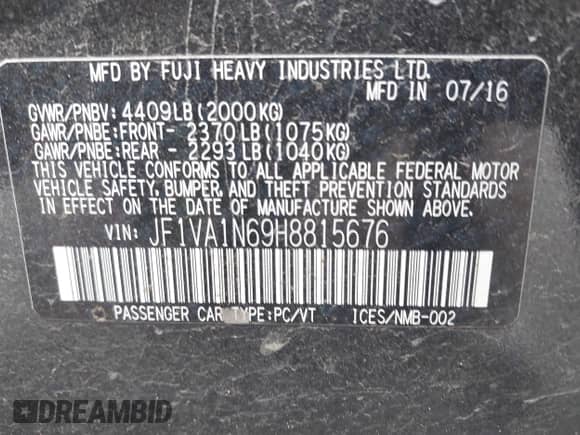 2017 Subaru WRX Limited with VIN JF1VA1N69H8815676, listed as a IAAI auction lot 42731717 with 116,307 mi miles and . Bid and sale history available at DreamBid. Image 9.