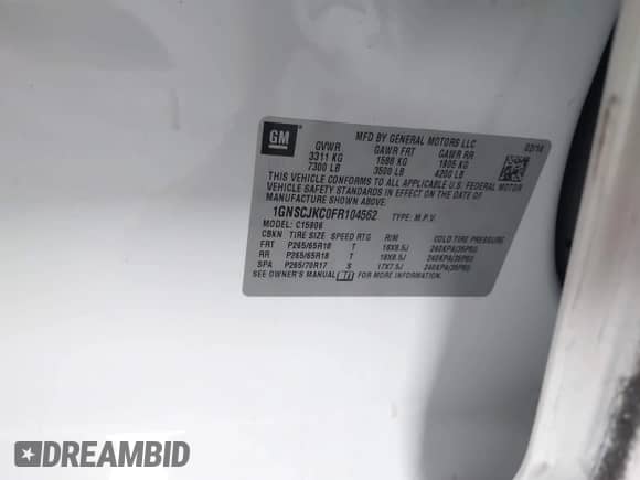 2015 Chevrolet Suburban LT with VIN 1GNSCJKC0FR104562, listed as a IAAI auction lot 42806992 with 178,433 mi miles and . Bid and sale history available at DreamBid. Image 9.