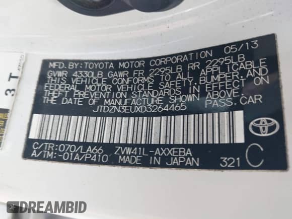 2013 Toyota Prius Two with VIN JTDZN3EUXD3264465, listed as a IAAI auction lot 42589831 with 188,493 mi miles and . Bid and sale history available at DreamBid. Image 9.