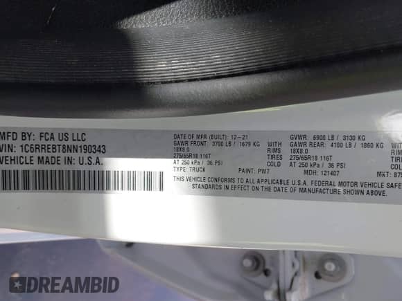 2022 Ram 1500 Big Horn z VIN 1C6RREBT8NN190343, wystawiony jako IAAI lot #42514747 z przebiegiem 65 593 mil mil oraz . Historia ofert i sprzedaży dostępna na DreamBid. Obrazek 9.