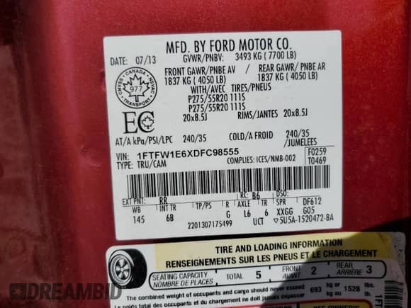 2013 Ford F-150 XLT z VIN 1FTFW1E6XDFC98555, wystawiony jako Copart lot #81559175 z przebiegiem 242 520 mil mil oraz Szkoda całkowita • Salvage title. Historia ofert i sprzedaży dostępna na DreamBid. Obrazek 12.