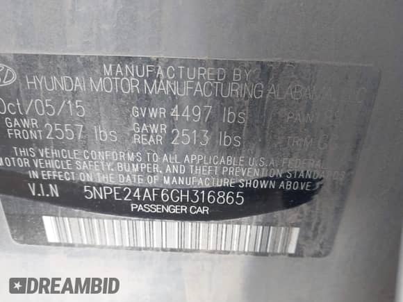 2016 Hyundai Sonata SE with VIN 5NPE24AF6GH316865, listed as a IAAI auction lot 41313483 with 131,047 mi miles and . Bid and sale history available at DreamBid. Image 9.