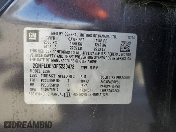 2015 Chevrolet Equinox LTZ with VIN 2GNFLDE33F6230473, listed as a Copart auction lot 70643715 with 48,553 mi miles and Salvage title. Bid and sale history available at DreamBid. Image 13.