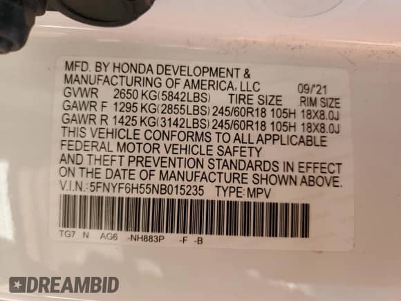 2022 Honda Pilot EX-L with VIN 5FNYF6H55NB015235, listed as a Copart auction lot 60871925 with 140,008 mi miles and Salvage title. Bid and sale history available at DreamBid. Image 14.