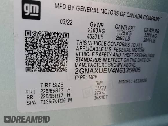 2022 Chevrolet Equinox LT z VIN 2GNAXUEV4N6135905, wystawiony jako Copart lot #47599365 z przebiegiem Nie podano mil oraz Nie do naprawy • Non repairable. Historia ofert i sprzedaży dostępna na DreamBid. Obrazek 14.