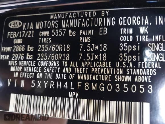 2021 Kia Sorento EX with VIN 5XYRH4LF8MG035053, listed as a IAAI auction lot 42266693 with 62,936 mi miles and . Bid and sale history available at DreamBid. Image 9.