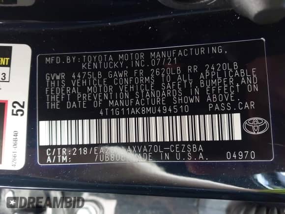 2021 Toyota Camry SE Nightshade z VIN 4T1G11AK8MU494510, wystawiony jako IAAI lot #43225311 z przebiegiem 73 978 mil mil oraz . Historia ofert i sprzedaży dostępna na DreamBid. Obrazek 9.