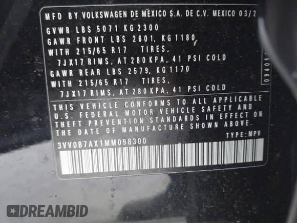 2021 Volkswagen Tiguan S z VIN 3VV0B7AX1MM098300, wystawiony jako IAAI lot #42574636 z przebiegiem 53 559 mil mil oraz . Historia ofert i sprzedaży dostępna na DreamBid. Obrazek 9.