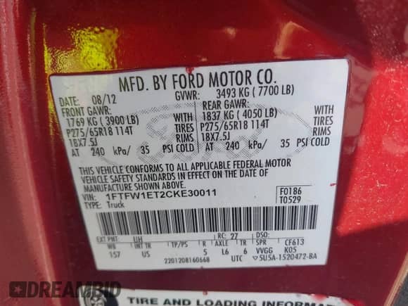 2012 Ford F-150 XLT z VIN 1FTFW1ET2CKE30011, wystawiony jako IAAI lot #43410549 z przebiegiem 108 054 mil mil oraz . Historia ofert i sprzedaży dostępna na DreamBid. Obrazek 9.
