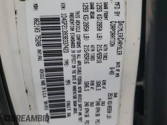 2003 Dodge Caravan Cargo with VIN 1D4GP21393B337423, listed as a Copart auction lot 66319045 with 95,581 mi miles and Salvage title. Bid and sale history available at DreamBid. Image 13.